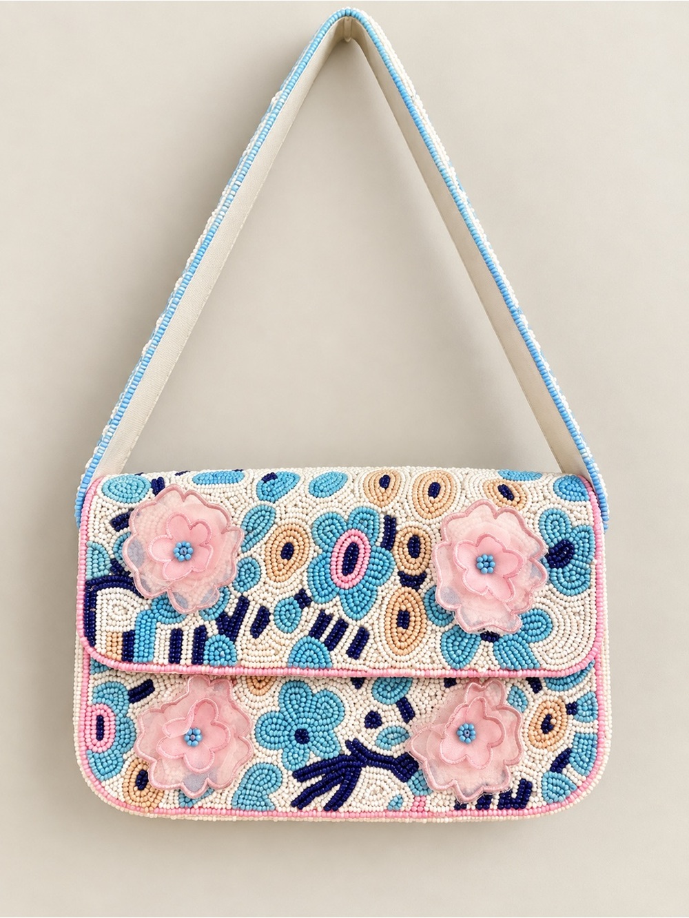 Beaded Floral Shoulder Bag in Pastel Pink and Blue